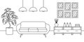 Living room interior line sketch. Outline design of home or house inside with sofa and modern furniture. Vector illustration. Royalty Free Stock Photo